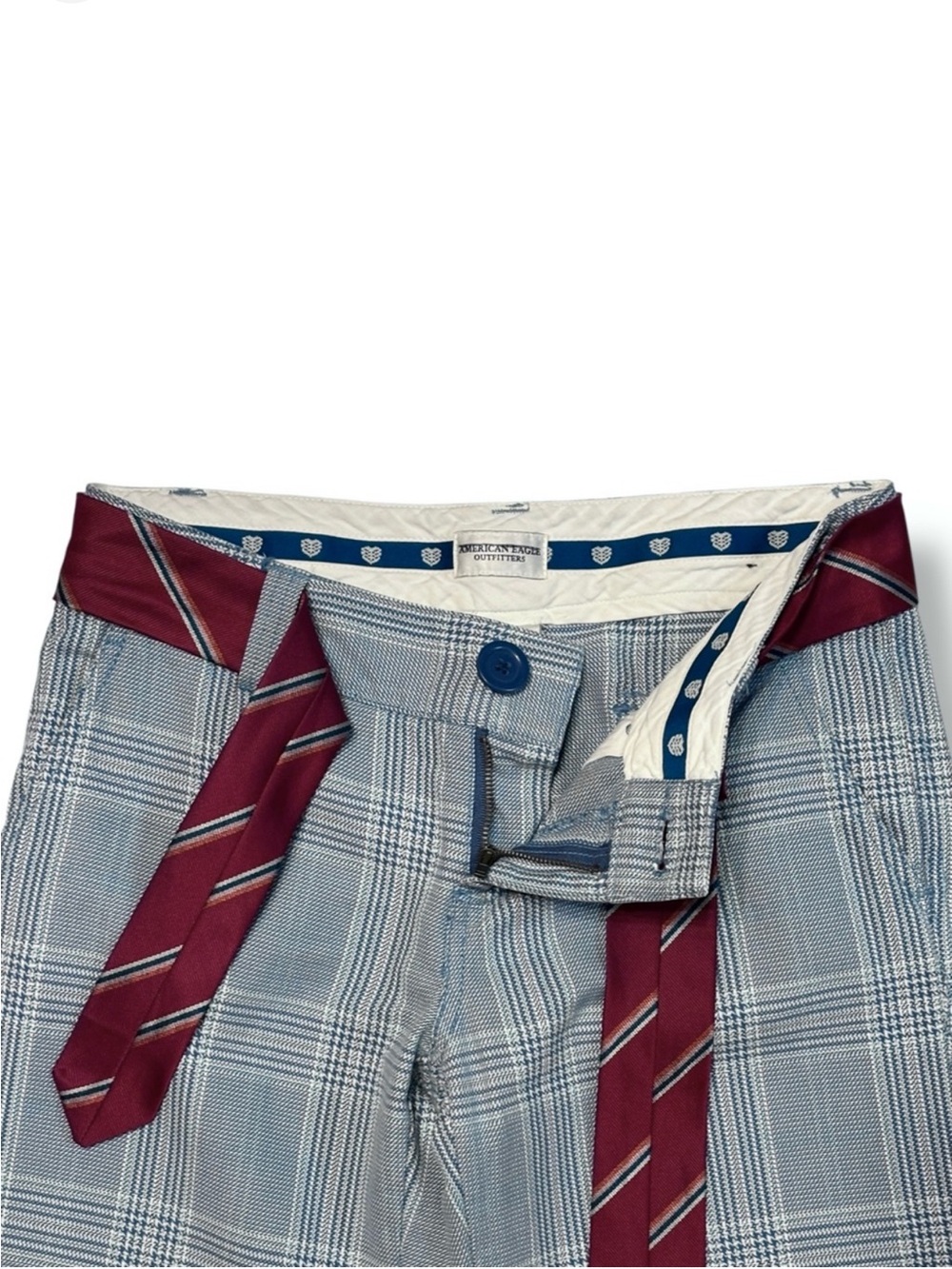 AMERICAN EAGLE OUTFITTERS Low Rise Blue Plaid Capri Pants Tie Sash Belt Y2K - Picture 8 of 9
